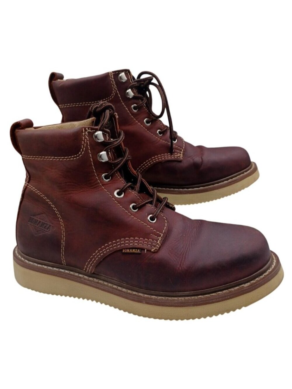Mens Work Boots Burgundy 6" Round Toe Leather WP BONANZA 632 Size 9 EU 42